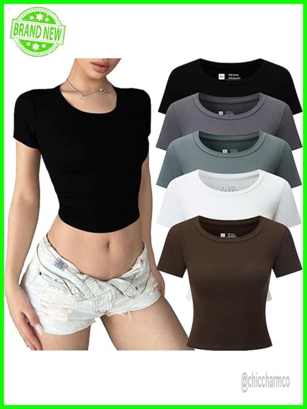 5 Pack Crop Tops Crew Neck Short Sleeve Fitted Stretchy Basic Tees
